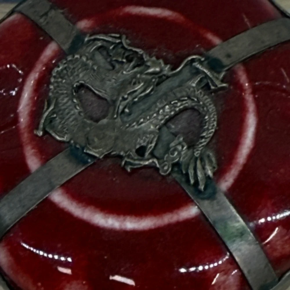Vintage Chinese Dragon Porcelain Trinket Box Red stamped‎ Metal Wrap 2.5in raku